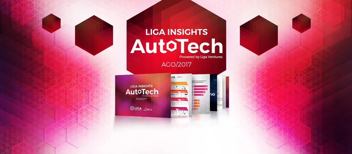 Capa do estudo Liga Insights AutoTech de agosto de 2017, sobre fundo geométrico vermelho