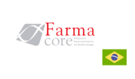 Logo da FarmaCore, com a bandeira do Brasil