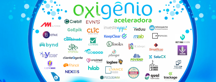 Painel com os logos das startups aceleradas pela Oxigênio Aceleradora