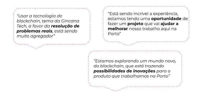 Balões com depoimentos de participantes da Gincana Tech sobre o uso de blockchain na Porto