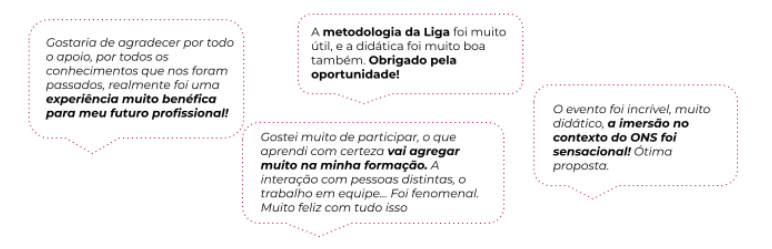 Balões com depoimentos de participantes sobre a metodologia da Liga e a imersão no contexto do ONS