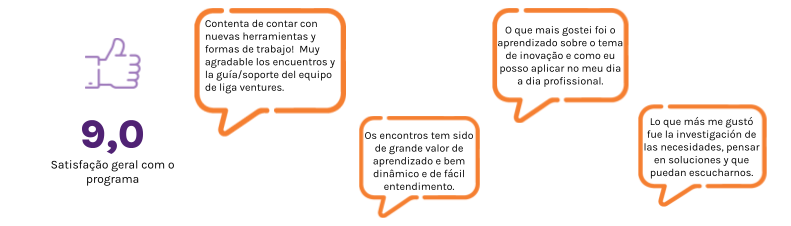 Nota 9,0 de satisfação geral com o programa, ao lado de balões com depoimentos em português e em espanhol